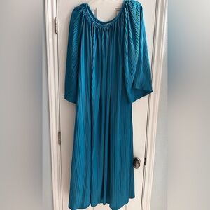 KEYLOUN Blue Pleated Vintage 1970s Maxi House Dress One Size Fits All Retro
